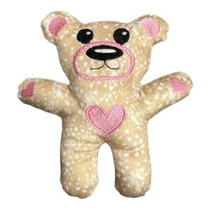 Hand Crafted Little Teddy Bear Tan with Pink Embroidered Hearts Plush Bear Toy